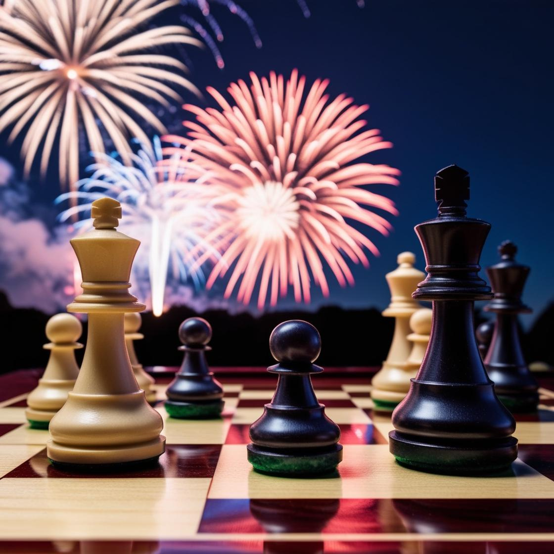 Schachbrett unter einem Feuerwerk